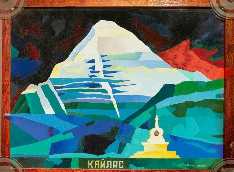 Картина Федора Конюхова, гора Кайлас и церковь.