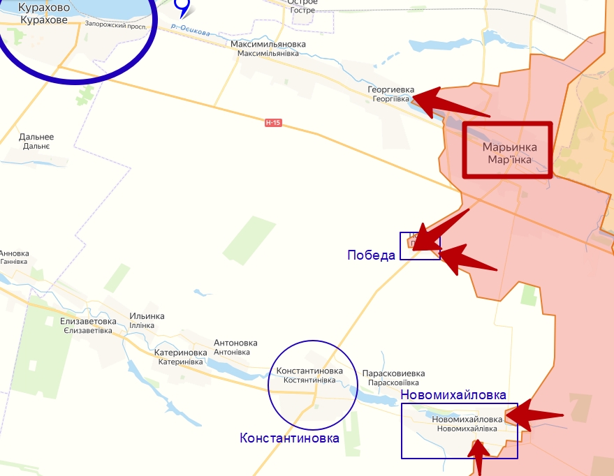 Карта боевых действий в районе села Победа. Южно-Донецкое направление, Новомихайловка