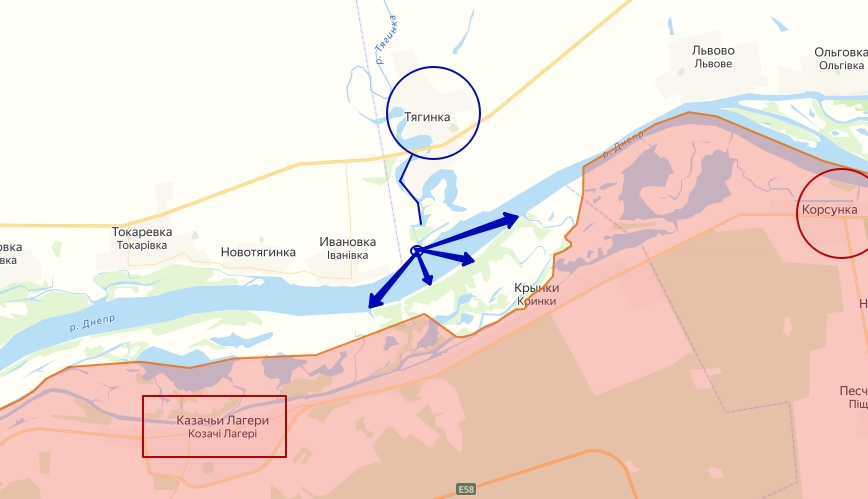 Карта плацдарма ВСУ в районе села Крынки,  в зоне СВО