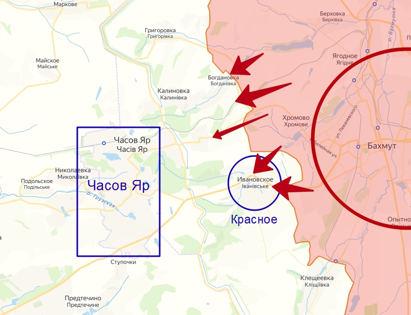 село Красное (Ивановское) на карте боевых действий в зоне СВО на Украине