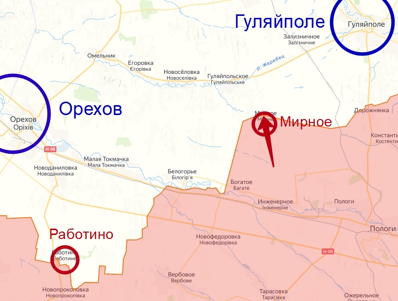 Село Мирное на карте боевых действий в зоне Спецоперации на Украине