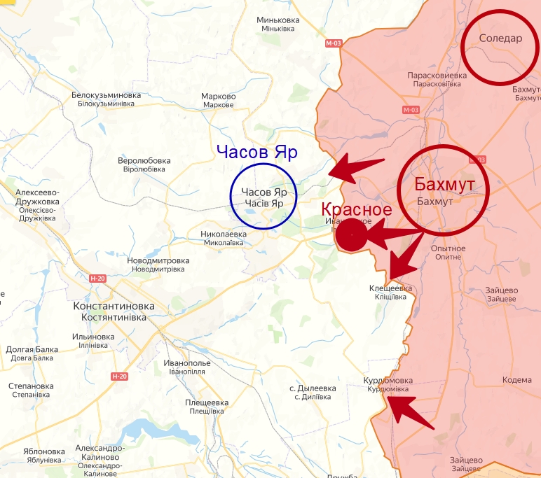 Артемовское направление фронта в зоне СВО с селом Красное на карте