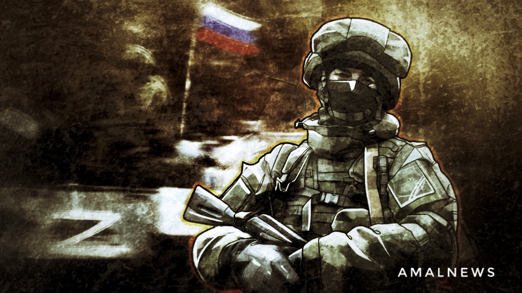 арт-изображение. Военнослужащий армии России с буквой Z на фоне флага РФ