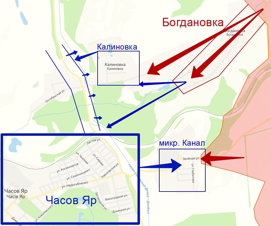 Боевые действия на карте в районе Часов Яр и села Богдановка