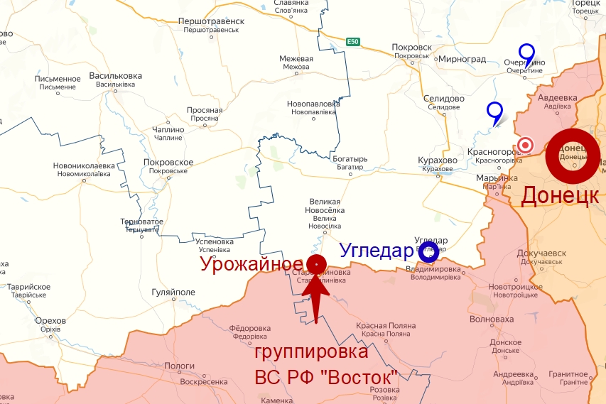 Поселок Урожайное на карте боевых действий спецоперации на Украине