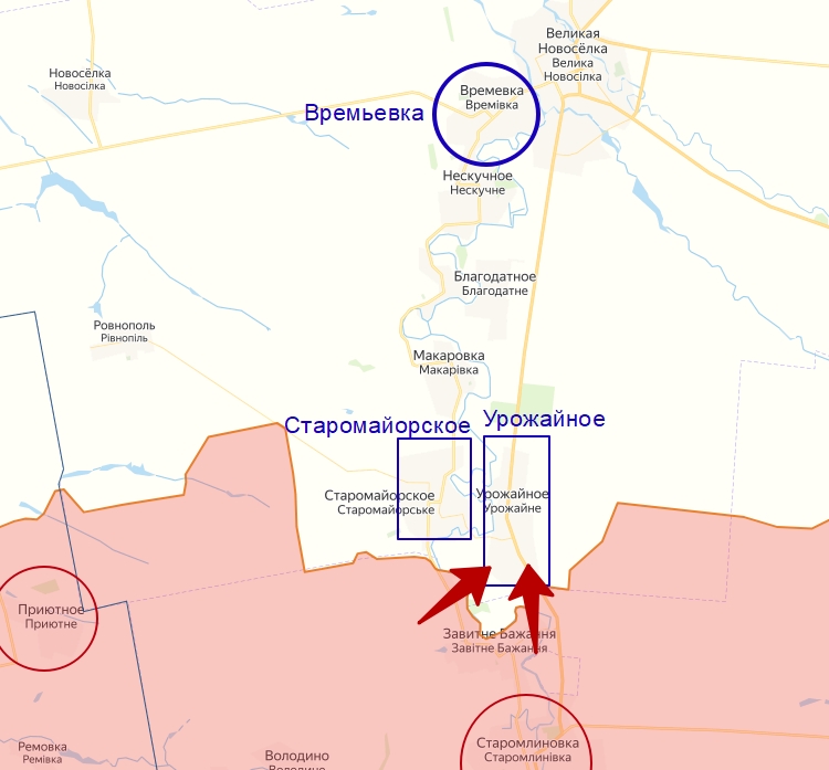 наступление армии России на населенный пункт Урожайное на Украине в зоне СВО