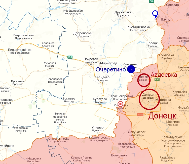 Карта боевых действий Авдеевского направления фронта в масштабе с селом с поселком Очеретино.
