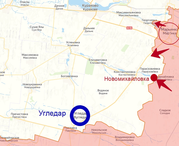 Южно-Донецкое направление боевых действий с селом Новомихайловка и Угледар