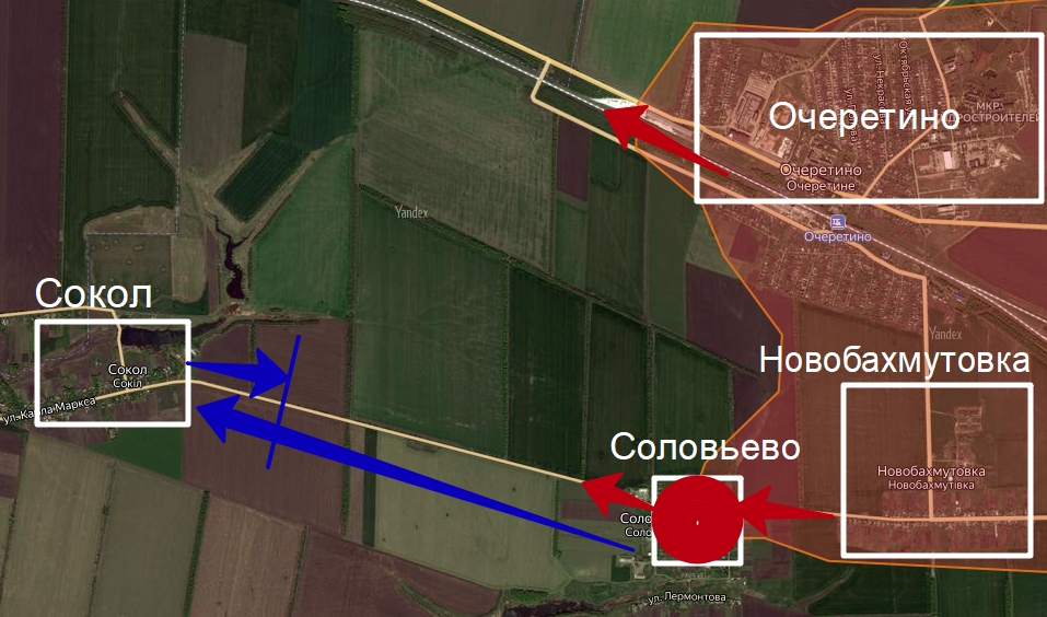 Карта боевых действий с селом Соловьево на Авдеевском направлении фронта в зоне СВО на Украине
