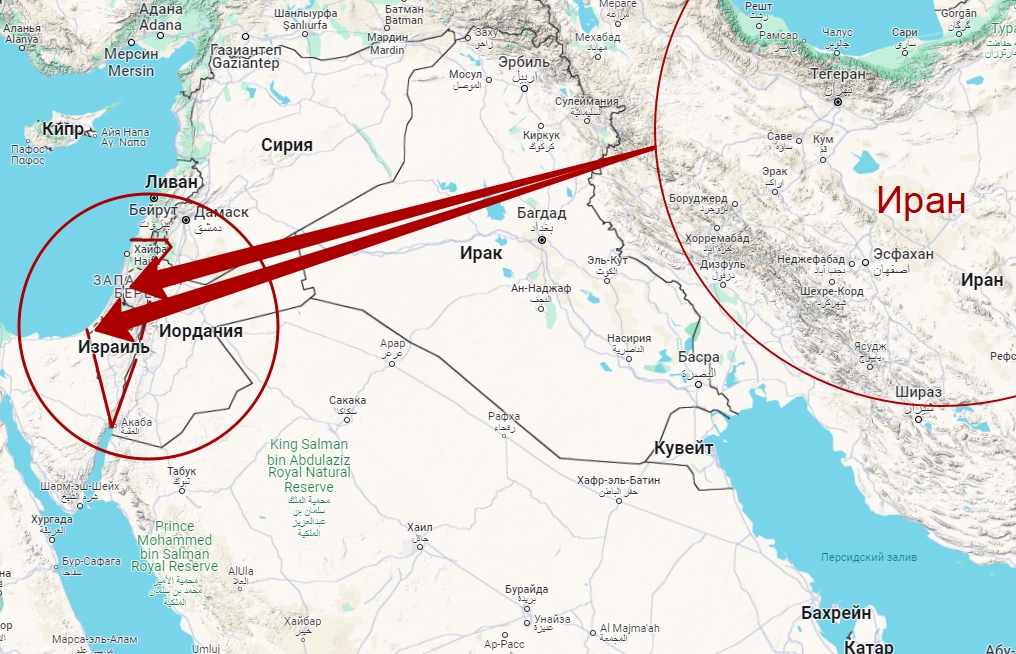 удар иранских баллистических ракет. Направление на карте Ближнего Востока