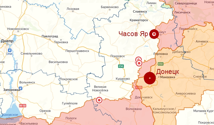 Карта боевых действий в зоне СВО с расположением города Часов Яр