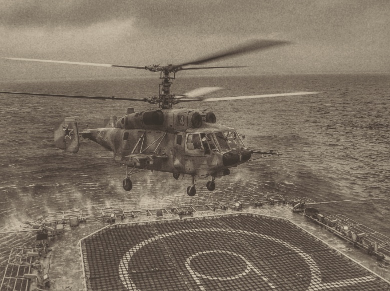 Вертолет Ка-29 садится на палубу корабля