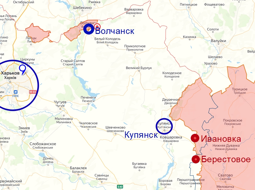 Ивановка и Берестовое на карте боевых действий Купянского направления