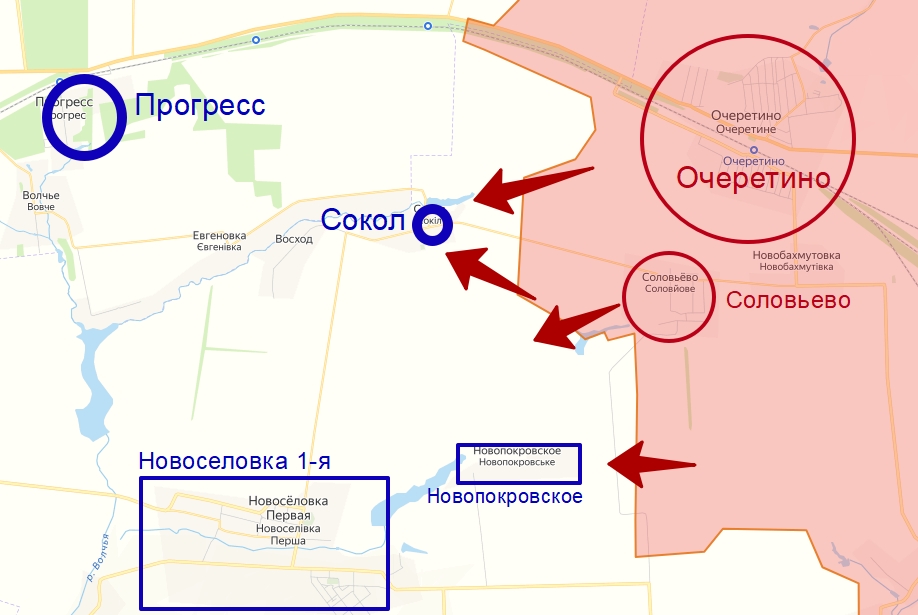 Наступление армии России на село Сокол на карте боевых действий СВО