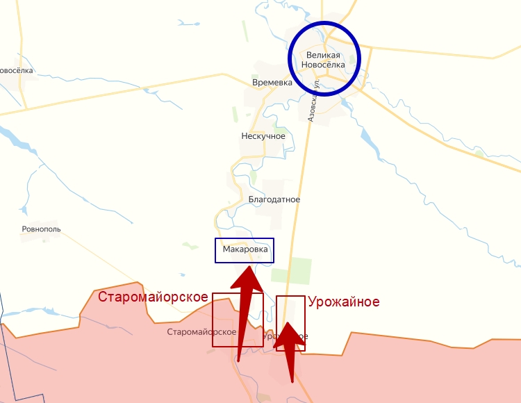 Поселок Урожайное и наступление ВС РФ на карте боевых действий в СВО