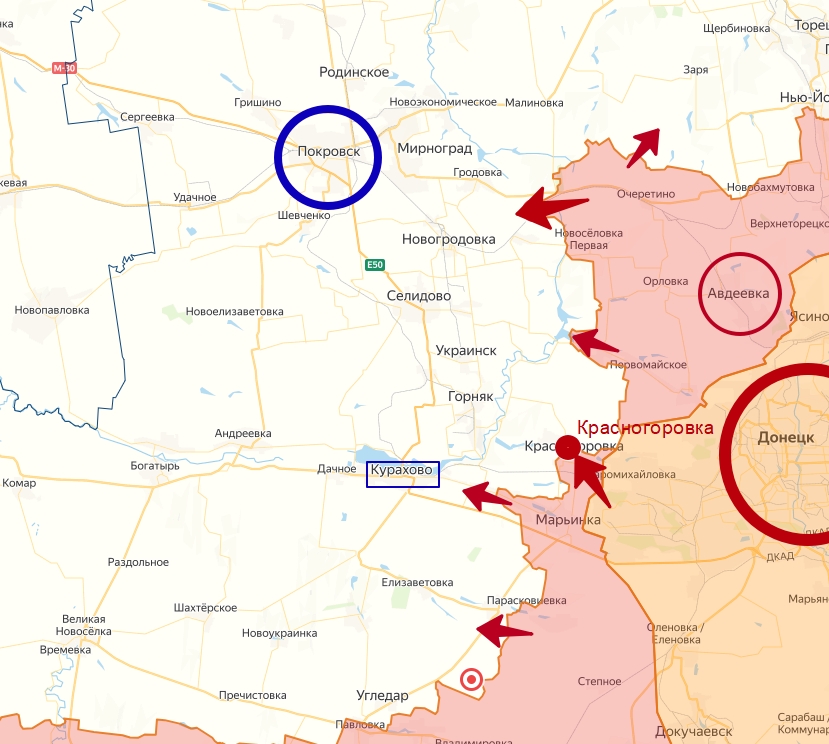 Кураховское направление фронта в зоне СВО с городом Красногоровка на 28.07.2024