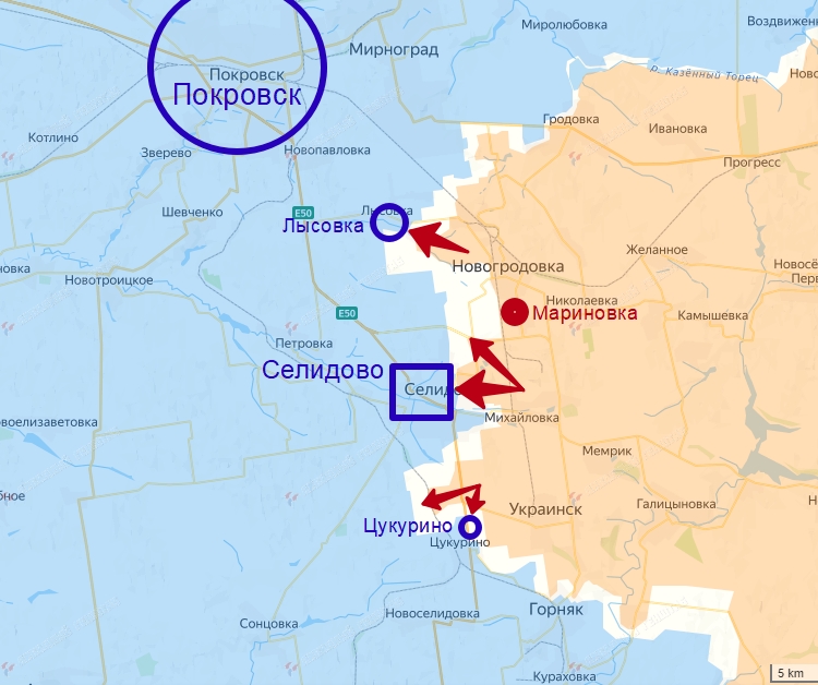 Карта боевых действий на Красноармейском направлении с селом Мариновка