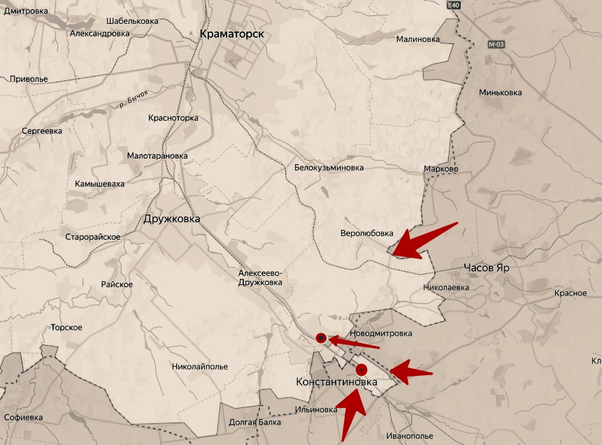 Карта боевых действия в спецоперации на Украине с городом Константиновка. Июнь 2026 года.
