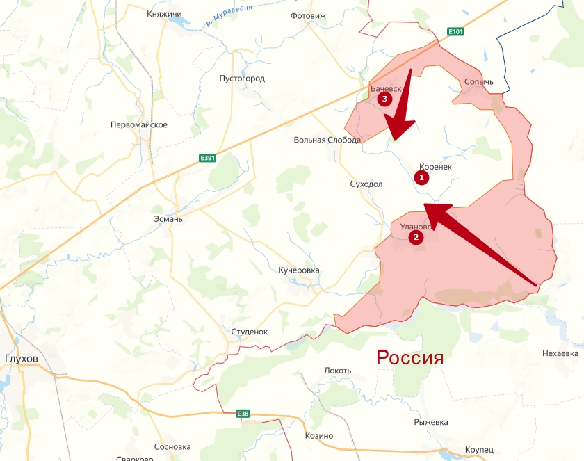 Приграничный Коренёкский выступ в Сумской области на карте СВО с селом Уланово и Коренёк.