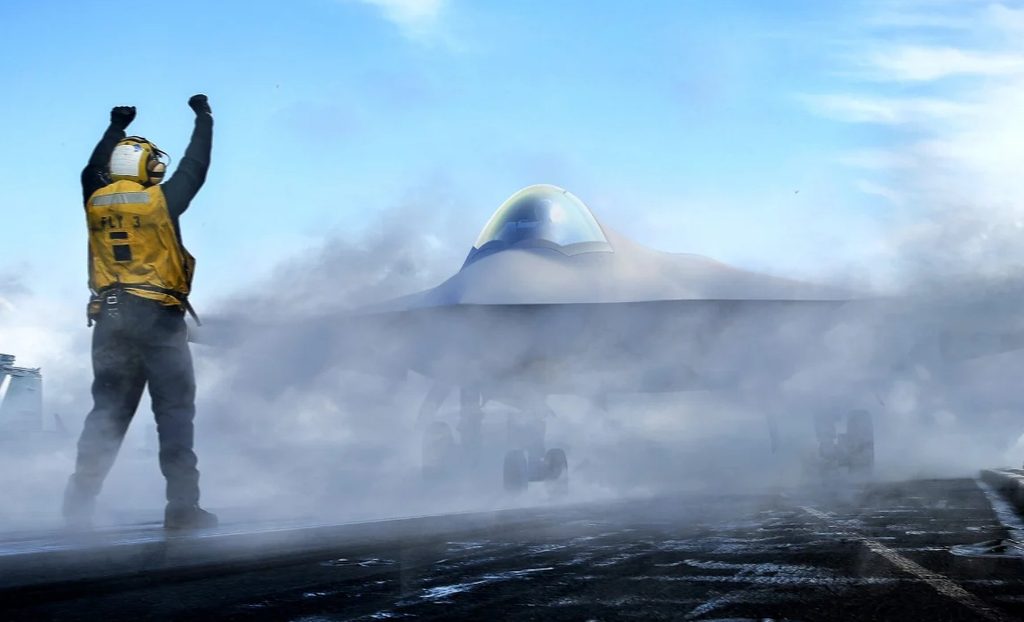 Истребитель шестого поколения F/A-XX на палубе авианосца.
