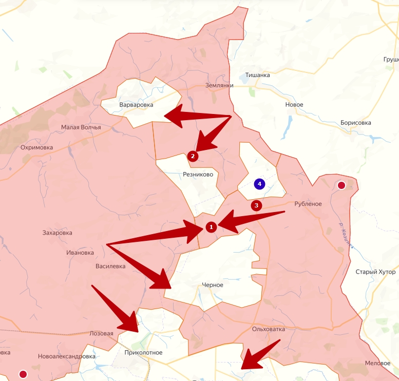 Волчанский котел с селами Лукашово, Лобановка и Комиссарово на карте линии боевого соприкосновения.