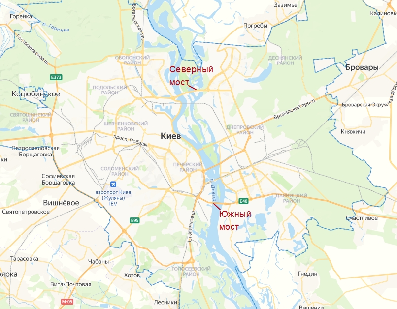 Локация на карте Северного и Южного мостов в городе Киев.