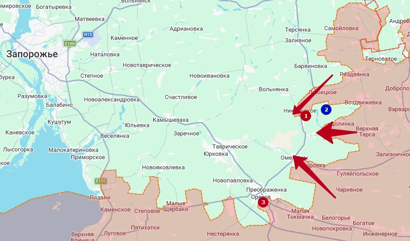 Местонахождение села Тимошевка (Тимошовка) на карте Запорожской области в направлении движения группировки войск "Восток".