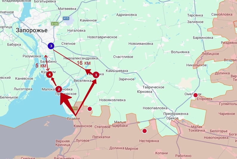 Местоположение села Юльевка в Запорожской области на карте боевых действий Запорожского направления.